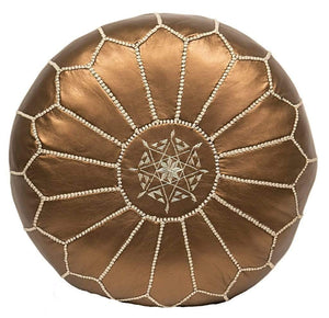 Moroccan Embroidered Leather Pouf Metallic Bronze