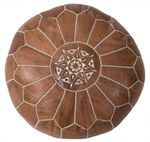 Moroccan Embroidered Leather Pouf Tan/ Natural